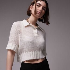 Topshop Knit Sheer Polo Shirt in Ivory